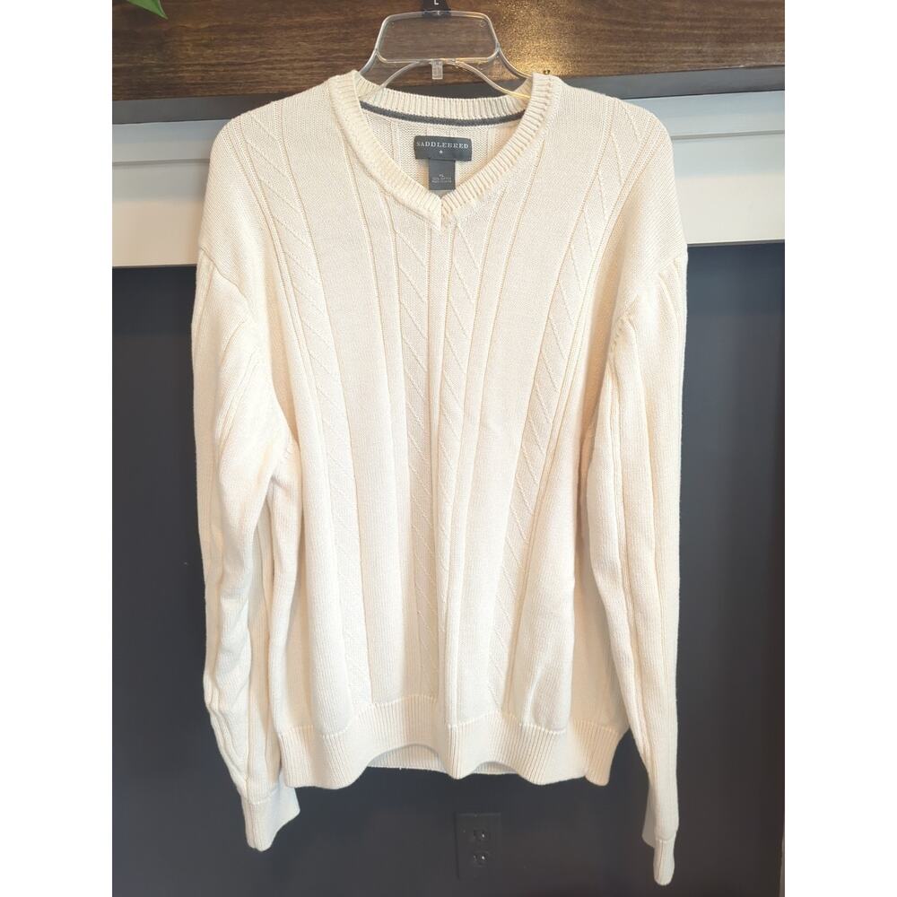 Saddlebred Sweater Mens XL White Cream Cable Knit V Neck Cotton Quiet Luxury